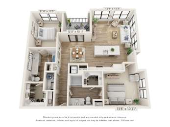 A 3D floor plan of a house with a living room, kitchen, and two bedrooms.