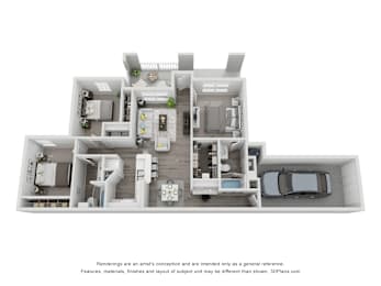 A 3D floor plan of a house with a kitchen, living room, dining room, and two bedrooms.