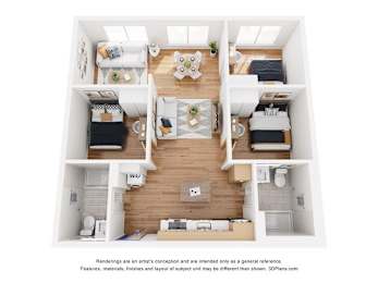 A 3D floor plan of a two-bedroom apartment with a living room, kitchen, and bathroom.