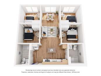 A 3D floor plan of a small apartment with two bedrooms, a living room, and a kitchen.
