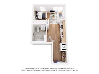A 3D floor plan of a small apartment with a kitchen, living room, and bathroom.