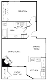 A floor plan of a home with a bedroom, living room, kitchen, and storage.