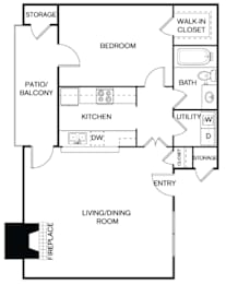 A floor plan of a home with a living room, kitchen, patio, and bedroom.