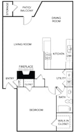 A floor plan of a home with a living room, dining room, kitchen, and bedroom.