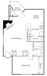 A floor plan of a house with a living room, dining room, kitchen, and bedroom.