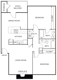 A floor plan of a home with a living room, dining room, kitchen, and two bedrooms.