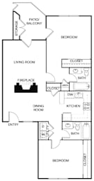 A floor plan of a home with a living room, dining room, kitchen, and two bedrooms.