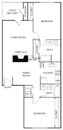 A black and white floor plan of a house with a living room, dining room, kitchen, and two bedrooms.