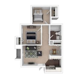 A 3D floor plan of a small apartment with a kitchen, living room, and bathroom.
