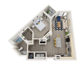 A top-down view of a small apartment with a bedroom, living room, and kitchen.