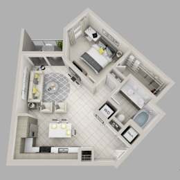 A 3D floor plan of a small apartment with a kitchen, living room, and bathroom.