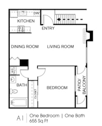 A floor plan of a one bedroom apartment with one bath.
