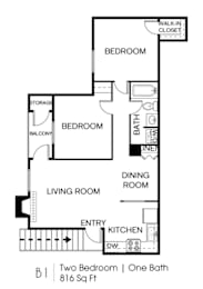 A floor plan of a one-bedroom apartment with a living room, kitchen, and bathroom.