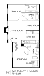 A floor plan of a two bedroom apartment with two bathrooms.