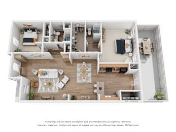 A 3D floor plan of a house with a kitchen, living room, and dining area.