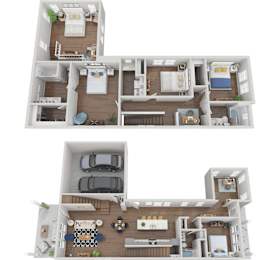 A top-down view of a two-story house with a garage and a living room with a couch and a coffee table.
