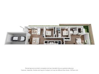 A 3D floor plan of a house with a kitchen, living room, and two bedrooms.
