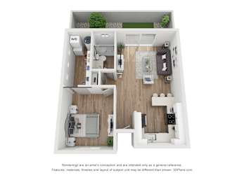 A 3D floor plan of a small apartment with a kitchen, living room, and bathroom.
