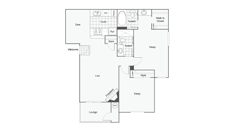 A floor plan of a house with a living room, dining room, kitchen, and bedrooms.