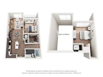 A 3D floor plan of a small apartment with a kitchen, living room, and bathroom.