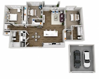 A floor plan of a house with two bedrooms, two bathrooms, a living room, a kitchen, and a garage with two cars.