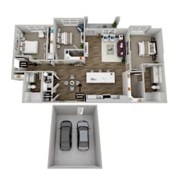A floor plan of a house with two bedrooms, a living room, a dining room, a kitchen, a garage, and a main entrance.