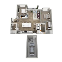 A floor plan of an apartment with a car garage.