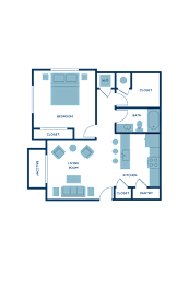 a floor plan of a residence with a bedroom and a living room