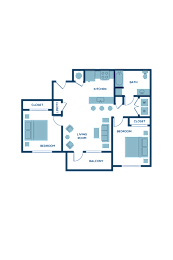 a floor plan of a bedroom apartment with a kitchen and a living room