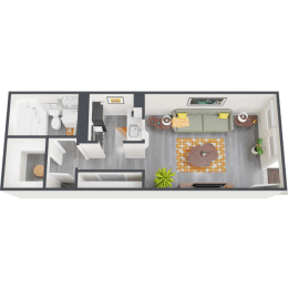 a bedroom with a bed and a chair in a room