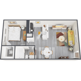 a bedroom with a bed and a chair in a room