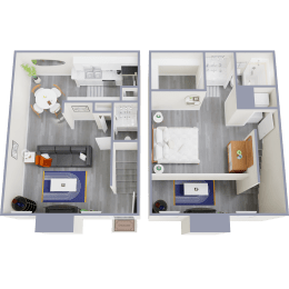 a floor plan of two bedrooms with a bathroom and living room