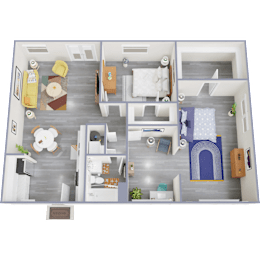 A floor plan of a house with a living room, dining room, kitchen, and bedrooms.