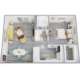 a floor plan of a one bedroom apartment with a living room and dining room