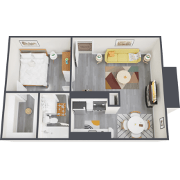 a bedroom with a bed and a chair in a room