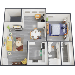 a top down view of a 3d floor plan with a bedroom and living room