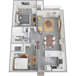 a 3d rendering of our 1 bedroom apartment at princeton court apartments in dallas