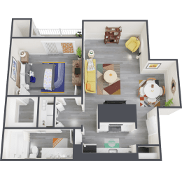 a 3d rendering of the first floor of a two bedroom apartment