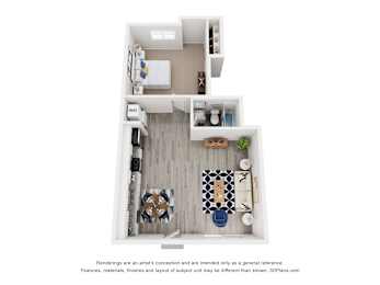 A 3D floor plan of a small apartment with a kitchen, living room, and bathroom.
