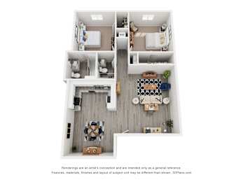 A 3D floor plan of a house with a kitchen, living room, and bathroom.