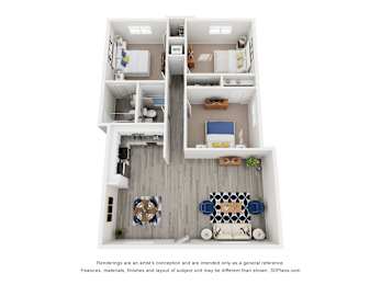 A 3D floor plan of a house with a kitchen, living room, and two bedrooms.