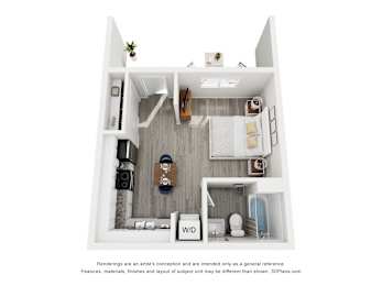 A 3D floor plan of a small apartment with a kitchen, living room, and bathroom.