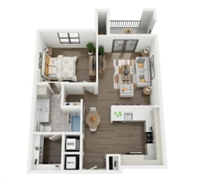 A top-down view of a small apartment with a living room, kitchen, and bathroom.