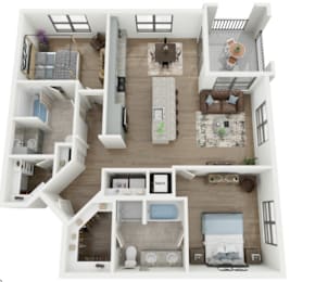 A top-down view of a modern apartment layout with a kitchen, living room, and bedrooms.