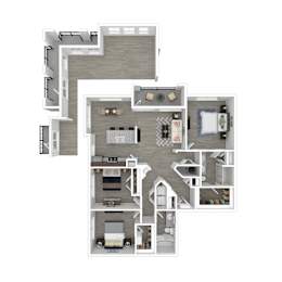 A 3D floor plan of a house with multiple rooms.