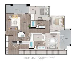 A floor plan of a three bedroom, two bathroom Costa Mesa apartment.