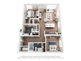 A 3D floor plan of a small apartment with a kitchen, living room, and bedroom.