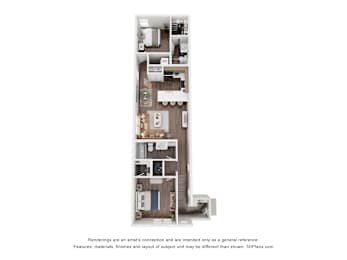 A 3D floor plan of a house with a kitchen, living room, and bathroom.