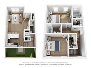 Two floor plans of a house with a kitchen, living room, and bathroom.