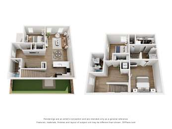 Two images of a house layout with a kitchen, living room, and bedrooms.